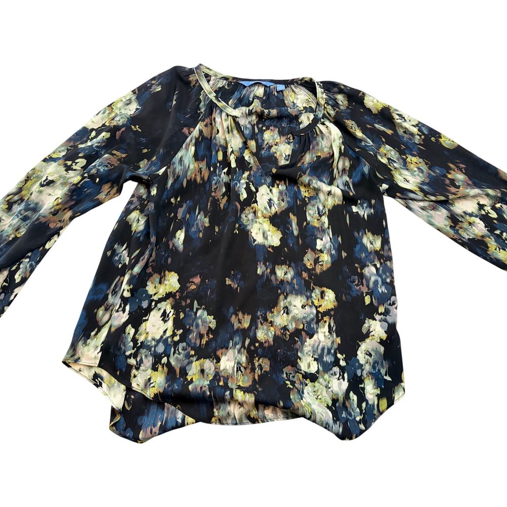 Simply Vera Vera Wang Sz M Split Neck Peasant Blouse Black Floral Chiffon Top